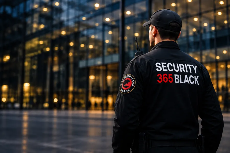 Agente de Security 365 Black frente a un edificio corporativo de noche