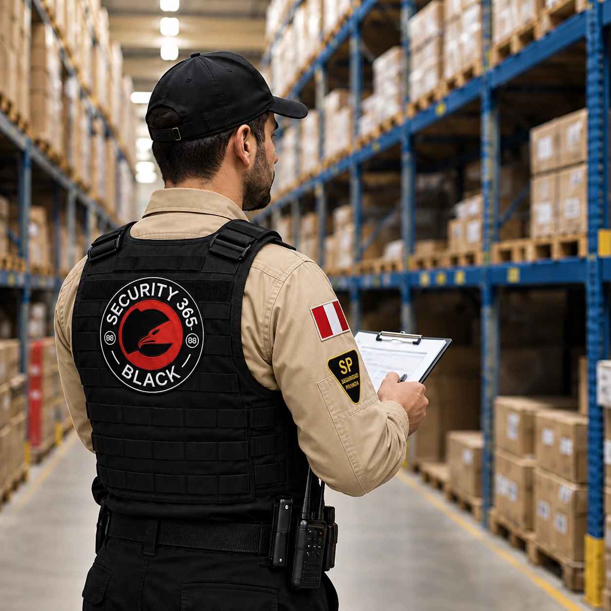 Agente verificando bienes en un almacén, con camisa beige, chaleco táctico negro, emblema circular en la espalda y bandera peruana sobre el distintivo SP en la manga derecha