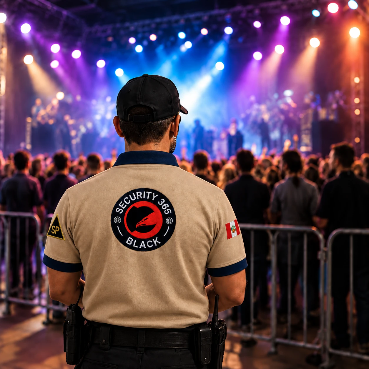Agente de espaldas supervisando un concierto, con polo beige de ribetes azules, emblema circular en la espalda, distintivo SP en la manga izquierda y bandera peruana en la derecha