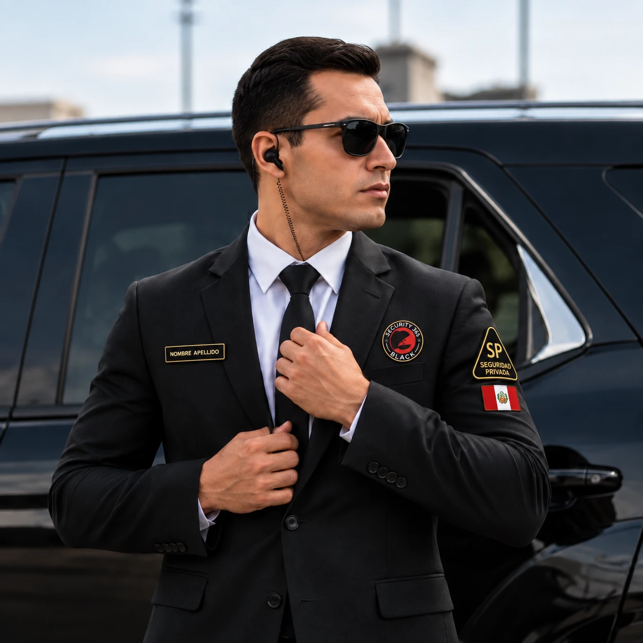 Agente de protección personal con traje negro y distintivos institucionales junto a un vehículo