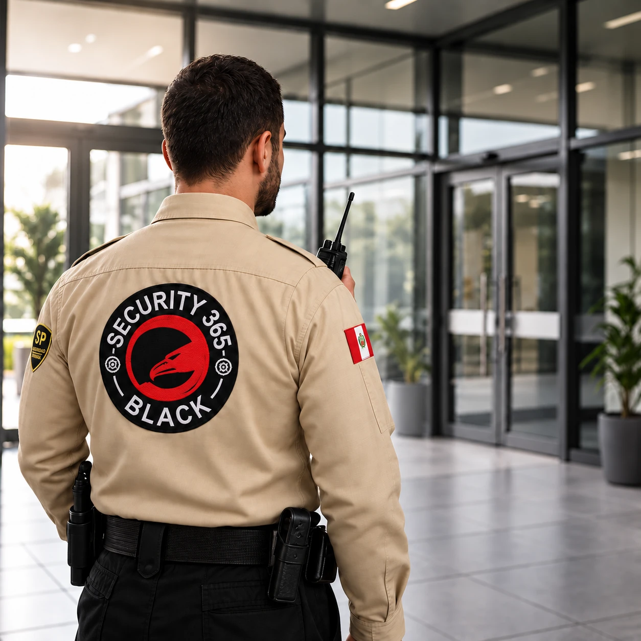 Agente con uniforme de seguridad privada: camisa beige, emblema institucional en la espalda y distintivos en las mangas, vigilando un acceso corporativo